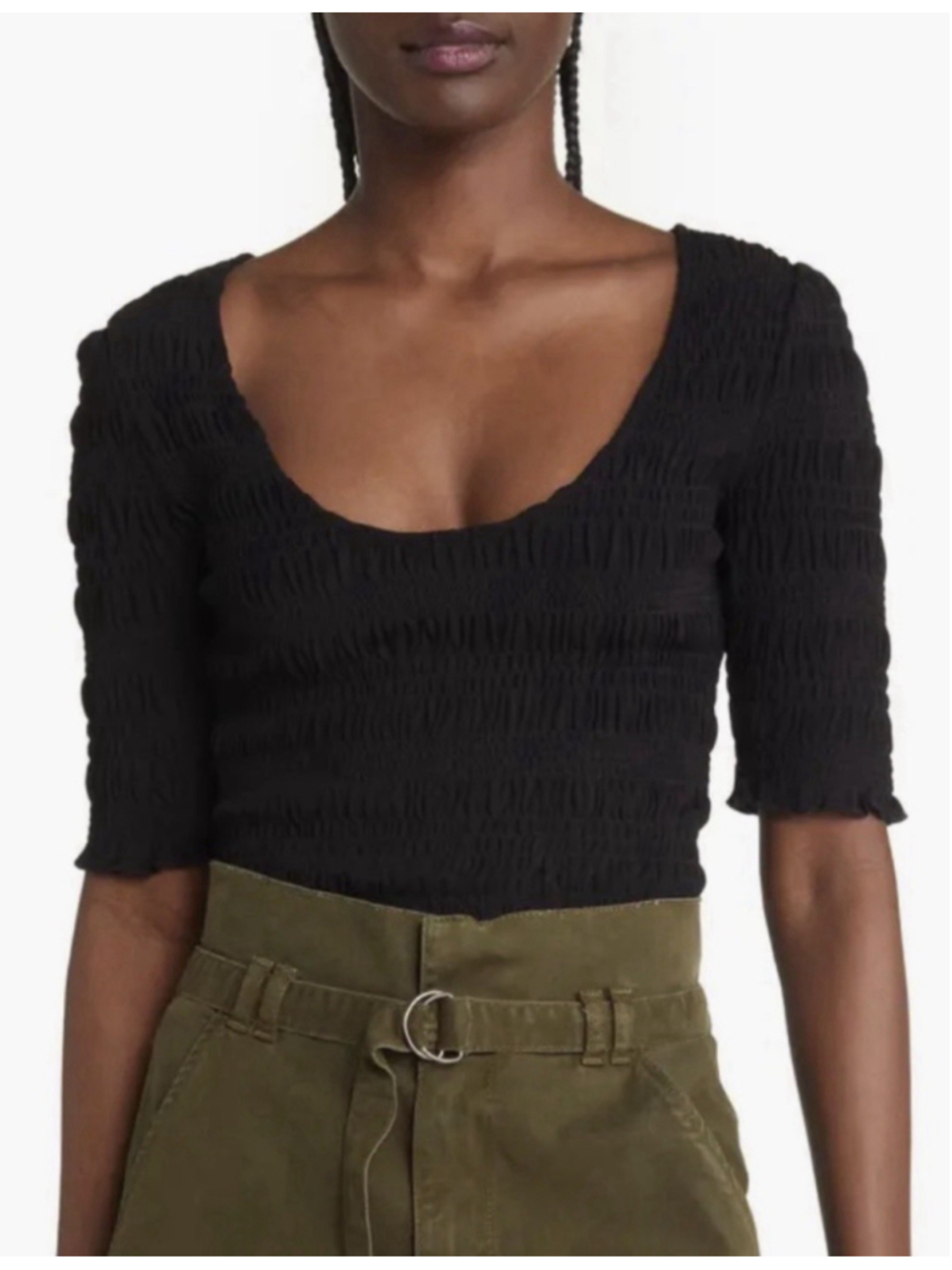 FRAME Smocked Short Sleeve Top Noir Black Scoop Neck Lettuce Hem Large Viscose